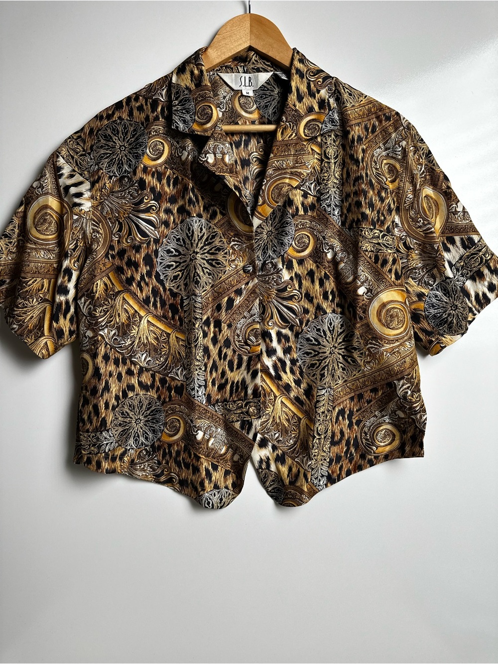 S.L.B. Vintage Versace Style Gold Baroque Leopard Print Silk Shirt Blouse | M